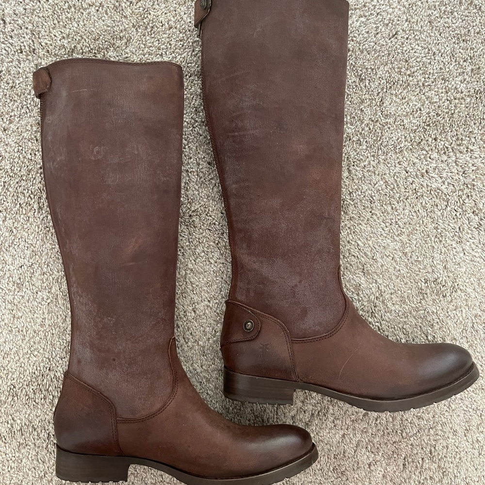 FRYE Melissa Lug Back Zip Tall Brown Leather Boot